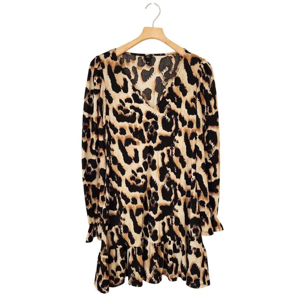 River Island Leopard Print V-Neck Long Sleeve Babydoll Dress Flowy Sexy Size 10